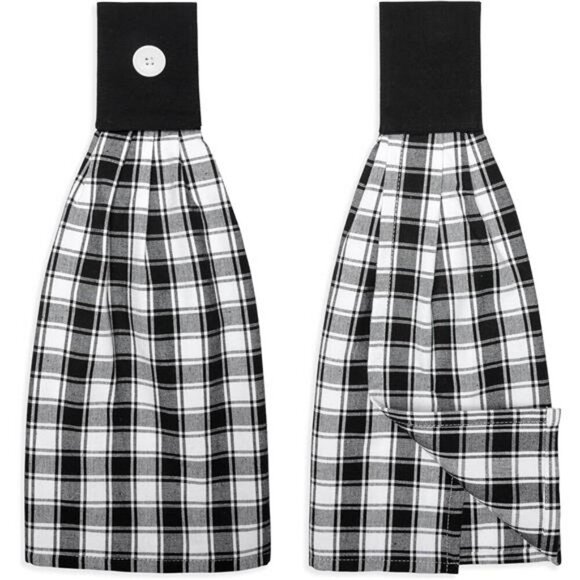 Black White Check Hanging Kitchen Towels Set Cotton Dish Hand Towels Button - Picture 1 of 8